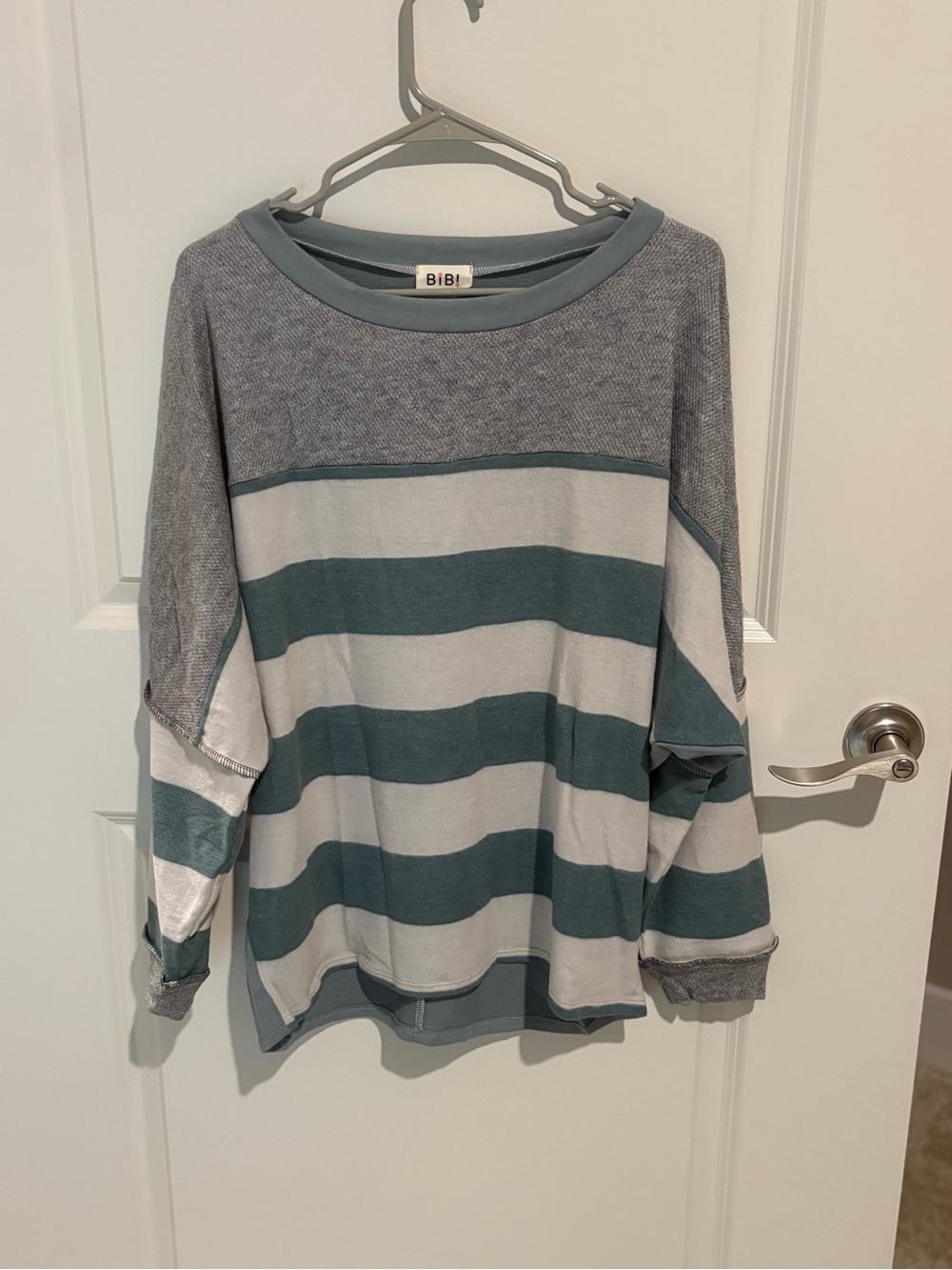 BIBI Striped Long-Sleeve Top in Green & White- Medium (Very Oversized- up to XL)